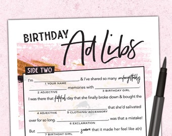 Women's Birthday Mad Lib Party Game for Adults - Digital Party Printable - Pink & Gold