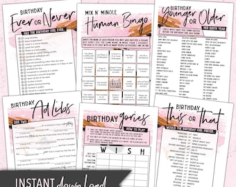 Women's Birthday Games Bundle - Ad Libs, Younger or Older, Ever Or Never, This or That, Bingo - Digital Printable Party Pack