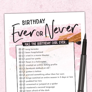 Never Have I Ever Women&#39;s Birthday Game for Adults - How Well Do You Know The Birthday Girl - Pink & Gold