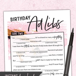Women's Birthday Mad Lib Party Game for Adults - Digital Party Printable - Pink & Gold