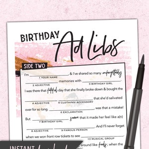 Women&#39;s Birthday Mad Lib Party Game for Adults - Digital Party Printable - Pink & Gold