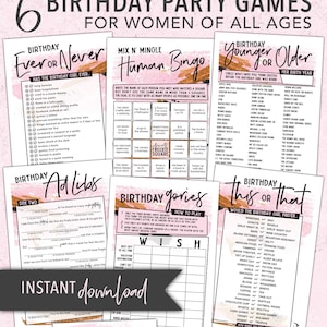 Women's Birthday Games Bundle - Ad Libs, Younger or Older, Ever Or Never, This or That, Bingo - Digital Printable Party Pack