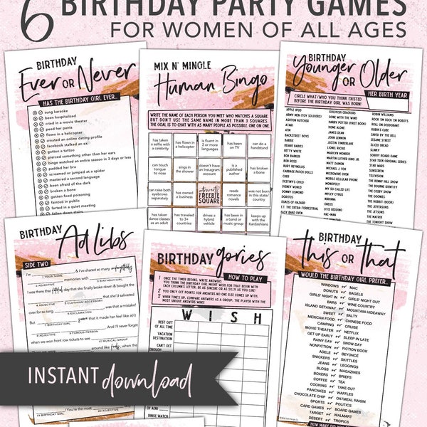 Women's Birthday Games Bundle - Ad Libs, Younger or Older, Ever Or Never, This or That, Bingo - Digital Printable Party Pack