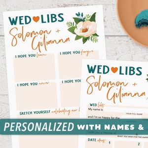 PERSONALISIERTES Wed Libs Gästebuch (Guten Wünsche, Ehe Ratschläge, Mad Lib) - Floral (Empfangsaktivität, Probe-Abendessen-Spiel)