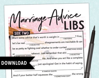 Marriage Advice Mad Lib - Bachelorette Party Game - Bridal Shower - Rehearsal Dinner - Printable - Pastel Pink