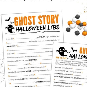 May include: Halloween Mad Libs game for kids, teens, and tweens. The printable game features a ghost story theme with fill-in-the-blank prompts. Includes instructions and a list of words to use. Instant download.