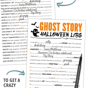 May include: A Halloween-themed Mad Libs game sheet with a ghost illustration and the title "Ghost Story Halloween Libs." Includes fill-in-the-blank prompts and a black pen. The text reads "Fill out the list side first."