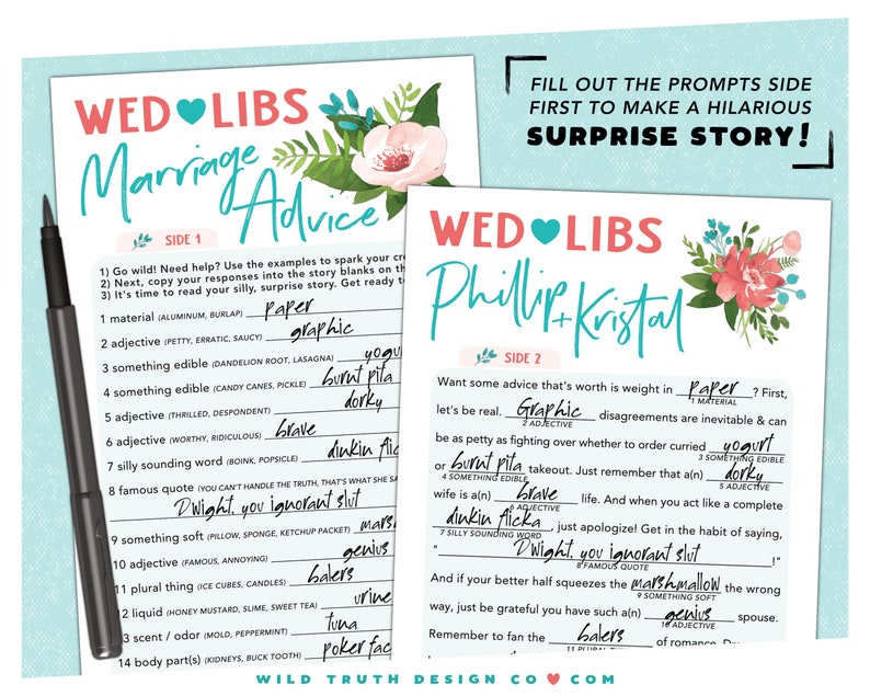 Personalized Wed Libs - Printed Cards - Marriage Advice Madlib Game - Wedding Guest Book - Floral Tropical Plants - Rehearsal Dinner - Engagement Party - Bridal Shower - Reception - Bachelorette - Couples Shower Mad Lib