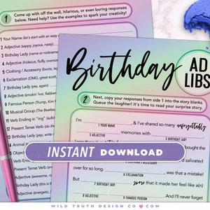 Colorful Adult Birthday Ad Libs - Women&#39;s Party Game - Rainbow Iridescent Gradient - Digital Printable