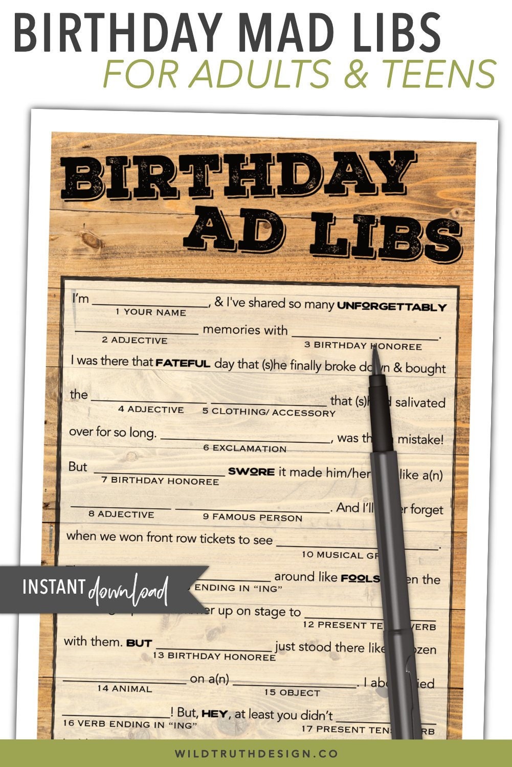 Birthday Mad Lib Game for Adults Men & Women Gender Neutral Wood Design Funny Digital Party Printable - Etsy
