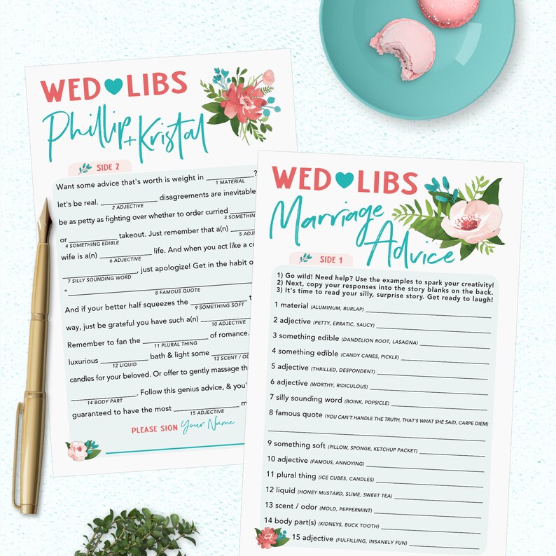 Personalized Wed Libs - Printed Cards - Marriage Advice Madlib Game - Wedding Guest Book - Floral Tropical Plants - Rehearsal Dinner - Engagement Party - Bridal Shower - Reception - Bachelorette - Couples Shower Mad Lib