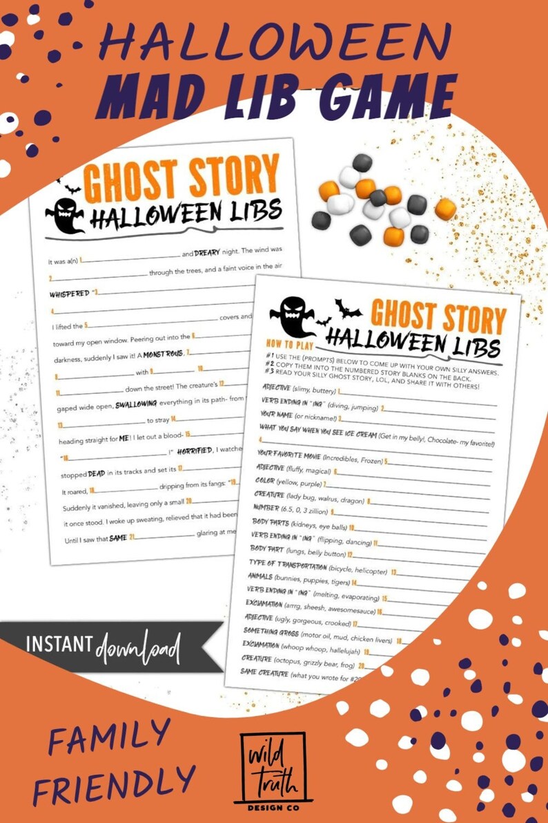 May include: Halloween Mad Libs game with a ghost story theme. The design features orange and black accents, with a playful font. Includes fill-in-the-blank story sheets and instructions for a family-friendly activity.