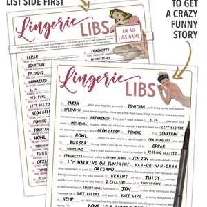 May include: A printable bachelorette party game with a pink and white color scheme. The game is called "Lingerie Libs" and includes a list of words to fill in the blanks to create a funny story. The game also includes an ad libs game.