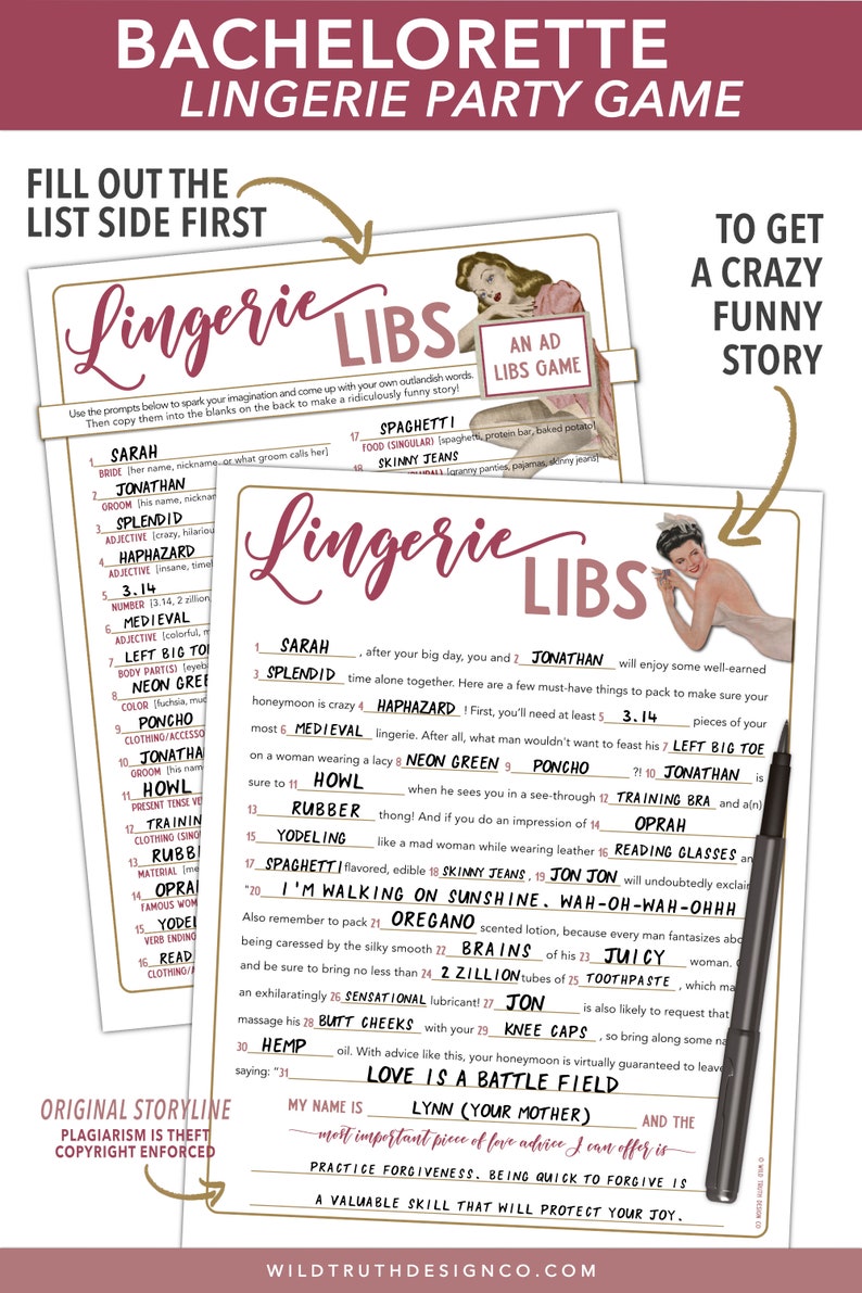 May include: A printable bachelorette party game with a pink and white color scheme. The game is called "Lingerie Libs" and includes a list of words to fill in the blanks to create a funny story. The game also includes an ad libs game.