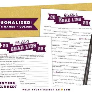 May include: A printable "Maddie's Grad Libs 2022" game with a purple and gold color scheme. The game features fill-in-the-blank sentences about graduation, with prompts for adjectives, verbs, and nouns.