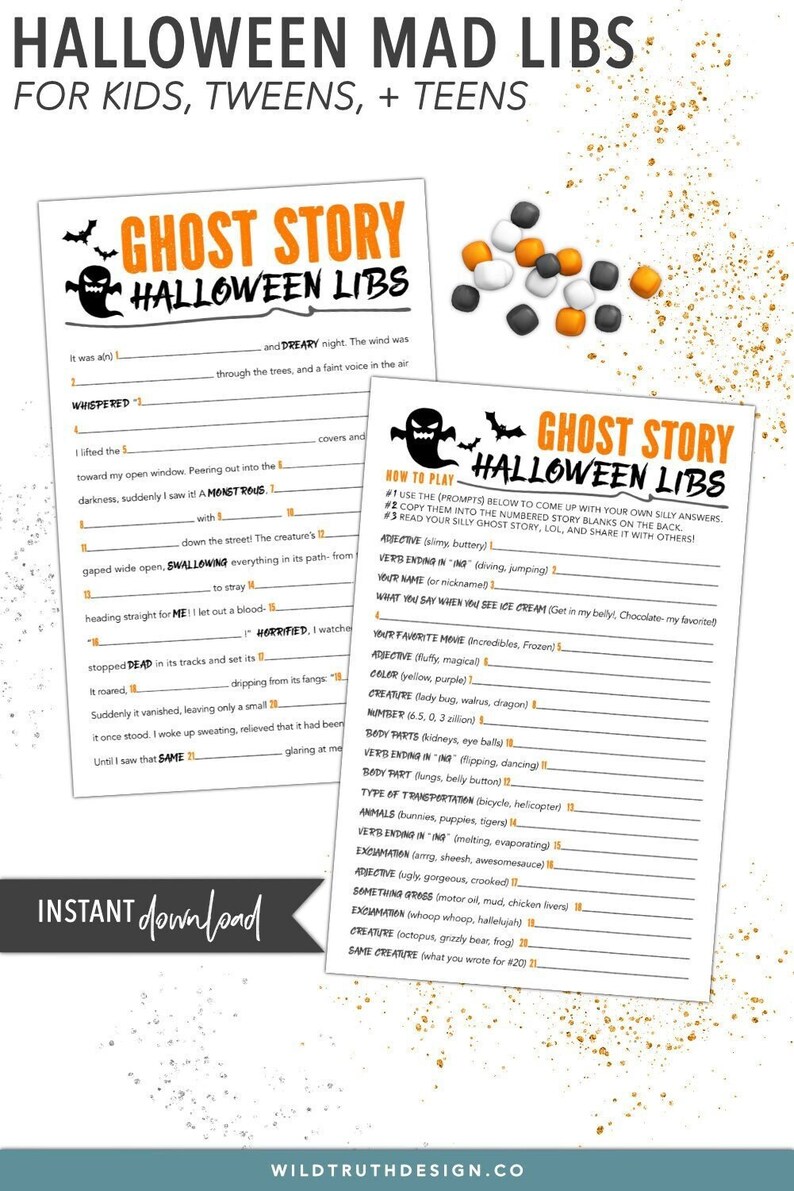 May include: Halloween Mad Libs game for kids, teens, and tweens. The printable game features a ghost story theme with fill-in-the-blank prompts. Includes instructions and a list of words to use. Instant download.
