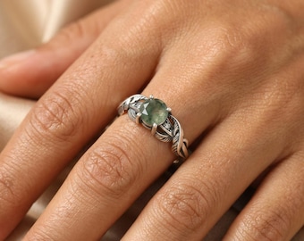 Natural Moss Agate Ring: Botanical Leaf Silver Band, Adjustable Green Stone Nature Jewelry