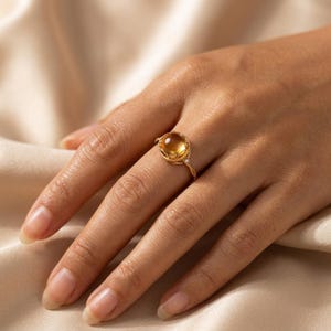 Vintage Amber Cabochon Statement Ring, Ornate Gold Antique Inspired Jewelry
