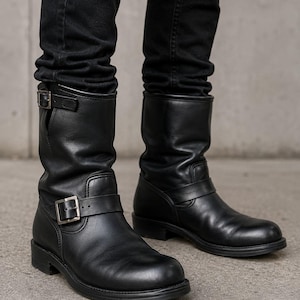 Puede incluir: Un par de botas de cuero negro a media pantorrilla con punta redondeada, tacón bajo y una correa decorativa en el empeine asegurada con una hebilla de metal plateado. En la parte superior hay una correa ajustable con una hebilla a juego.