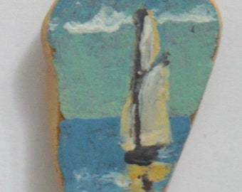 Hand Painted Sea Pottery Pendant from Rockport MA with a Ship at Sea Ocean Scene
