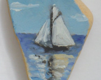 Hand Painted Sea Pottery Pendant from Rockport MA with a Ship at Sea Ocean Scene 04