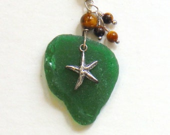 Genuine Rockport MA Emerald Green Sea Glass & Sterling Silver Starfish Necklace Cape Ann with Tigereye