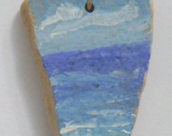 Hand Painted Sea Pottery Pendant from Rockport MA with an Ocean Beach Scene