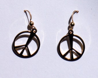Vintage Original 1960s-1970s Gold Tone Peace Sign Earrings with Gold Filled Hooks