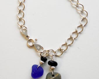 Sea Glass & Sterling Silver Chain Bracelet with Cobalt Blue and a Sea Pebble, Rockport Cape Ann MA