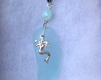 Sea Glass & Sterling Silver Aqua Blue with Mermaid Necklace Rockport Cape Ann MA