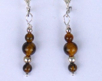 Tigereye Natural Stone Beads & Sterling Silver Lever Back Earrings