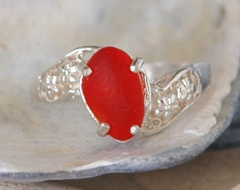 Genuine Sea Glass & Sterling Silver Ring Size 8.25 in Rare Bright Cherry Red Seaglass