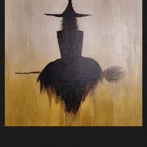 May include: A painting featuring a black silhouette of a figure wearing a pointed hat and riding a broomstick. The figure is centered against a background that transitions from a light cream color at the top to a textured golden yellow at the bottom.