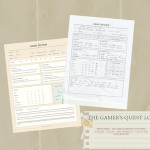 May include: Two game review sheets and a small rectangular card titled The Gamer's Quest Log. The sheets feature fields for game title, platform, and year, with sections for best parts, memorable moments, and ratings. The card lists printable features.