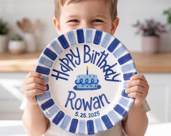 Personalized Blue Stripe Birthday Plate, Custom Name & Date Keepsake, Hand-Painted Ceramic Plate, Baby Gift | B017