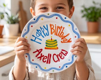 Personalized Scalloped Edge Birthday Plate, Hand-Painted Cake & Confetti Motif, Ceramic Keepsake Dish, First Birthday Gift | B015