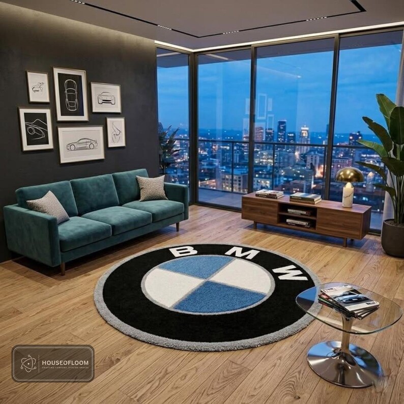Customize Bmw Rug Luxury BMW Logo Round Rug Black Blue Tufted Statement Piece for Modern ...