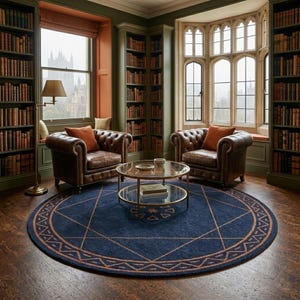 May include: A circular navy blue rug with a geometric copper-colored star and border pattern sits on a dark wood floor. Two brown leather tufted armchairs with orange cushions are placed around a round glass coffee table in a library room.