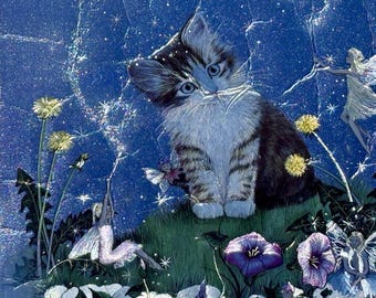 Vintage Dufex England Cat Fairies Floral Foil Art Picture Jean Henry Signed Rare