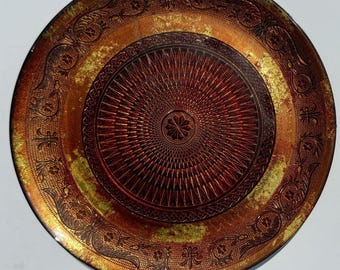 Set 2 Rare vintage carnival glass platters copper marigold iridescent glass 13