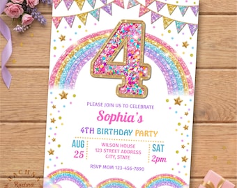 Regenbogen Pailletten 4. Geburtstagseinladung, 4. Geburtstagseinladung Mädchen, Regenbogen 4. Geburtstag, Regenbogen Glitter, Sparkle Geburtstag, Pastellregenbogen