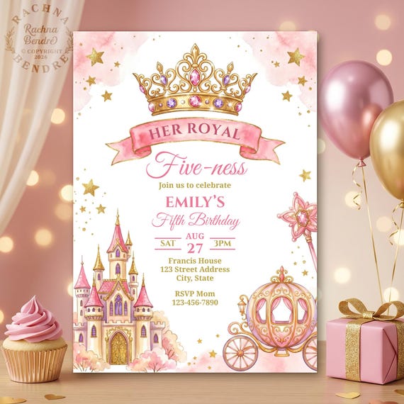 Her Royal Fiveness Birthday Invitation, Princess 5th Birthday Invite, Her Royal 5ness Invite, Editable Royal Invite, Fairytale Castle Invite