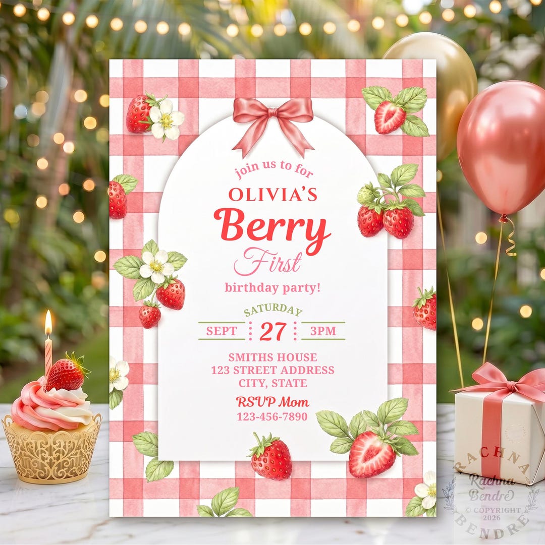 Editable Berry First Birthday Invitation, Strawberry 1st Birthday ...
