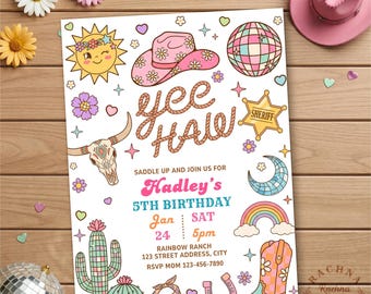 Space Cowgirl Geburtstagseinladung, Yee Haw einladen, Disco Cowgirl einladen, Retro Groovy Cowgirl einladen, Disco Rodeo, Nashville, Western Disco