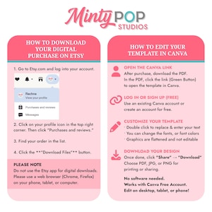 K&ouml;nnte beinhalten: Eine rosa-wei&szlig;e Grafik mit Anweisungen zum Herunterladen digitaler K&auml;ufe auf Etsy und zum Bearbeiten von Vorlagen in Canva. Das Bild enth&auml;lt das Logo "Minty Pop Studios" und Schritt-f&uuml;r-Schritt-Anleitungen mit Text und Symbolen.