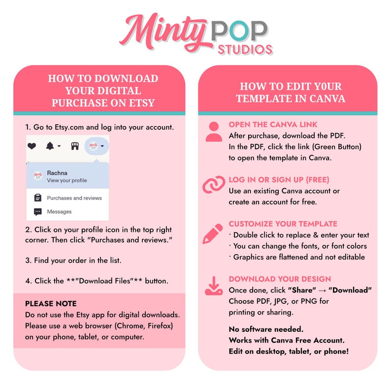 K&ouml;nnte beinhalten: Eine rosa-wei&szlig;e Grafik mit Anweisungen zum Herunterladen digitaler K&auml;ufe auf Etsy und zum Bearbeiten von Vorlagen in Canva. Das Bild enth&auml;lt das Logo "Minty Pop Studios" und Schritt-f&uuml;r-Schritt-Anleitungen mit Text und Symbolen.