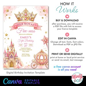 K&ouml;nnte beinhalten: Eine digitale Geburtstagseinladungsvorlage mit Prinzessinnen-Thema. Das Design zeigt eine goldene Krone, ein rosa Schloss und eine Kutsche. Der Text lautet "Her Royal Five-ness" und "Emily's Fifth Birthday". Das Canva-Logo befindet sich unten.