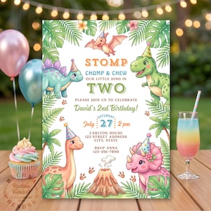 May include: A vibrant dinosaur-themed birthday invitation featuring the text "STOMP CHOMP & CHEW OUR LITTLE DINO IS TWO". The design includes dinosaur illustrations, tropical leaves, and a volcano. The date is July 27th at 2 pm.