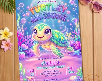 Schildkröte-Geburtstags-Einladung Mädchen Digital, Turtley Super-Einladung, Schildkröte-Mädchen-Geburtstag, niedliche Schildkröte einladen, bearbeitbare Meeresschildkröte einladen