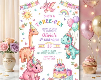 Drei Rex Geburtstagseinladung Digital, Mädchen Dino Party einladen, Trex 3.Geburtstag einladen, Sie ist ein Drei Rex, Pastell Drei Rex, süßes Dino-Baby